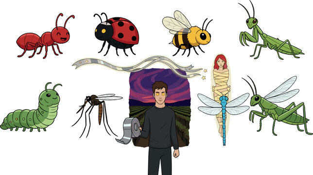 Cute cartoon insects set with ant ladybug bee grasshopper dragonfly mosquito caterpillar and fantasy character playful vector illustration for kids and educational designs