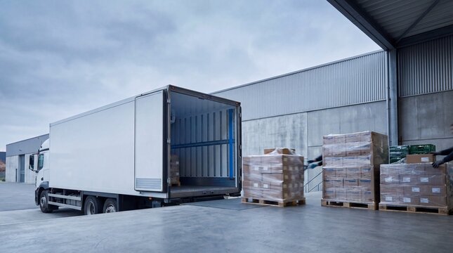 A clean industrial loading dock shows an open refrigerated truck backed in beside shrink-wrapped pallets ready for cold chain distribution under cool overcast daylight with generous copy space.