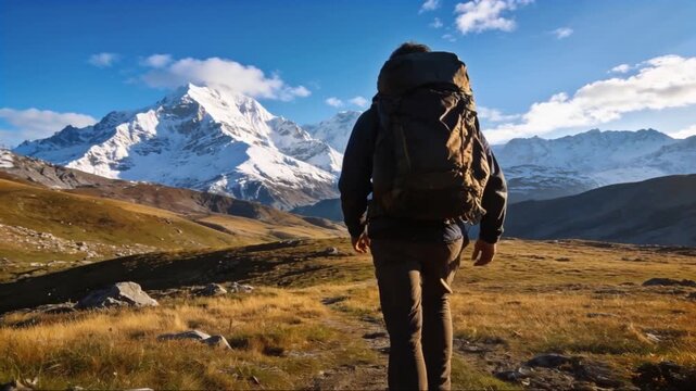 Backpacker hiking through mountain valley toward snow covered peak, exploring wild nature and adventure travel in a scenic alpine landscape.