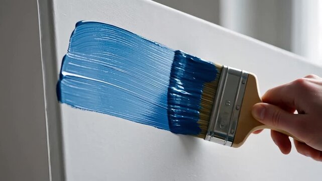 Close up of hand holding wooden brush applying thick blue paint stroke on white textured canvas