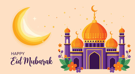 Happy Eid Mubarak Greetings, Muslim people greet each other and shake hands. Celebrate Eid al-Fitr concept illustration