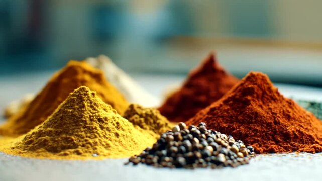 Vibrant and Colorful Spices Displayed on a Tabletop for Culinary Use.