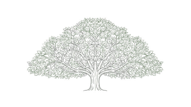 Detailed line art illustration of a large leafy tree with an expansive canopy and complex branch structure symbolizing nature and growth.
