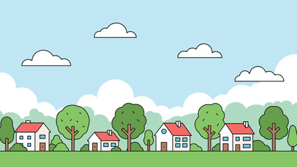 Obraz premium Charming vector landscape of a small village with red roofed houses green trees and white clouds in a bright blue sky for community.