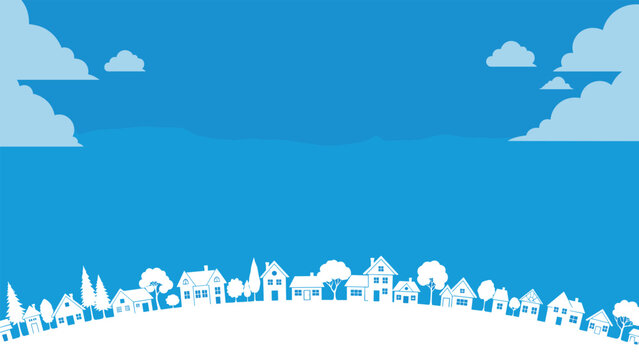 Minimalist white silhouette of a diverse village skyline set against a gradient blue sky with soft white clouds for a peaceful background.