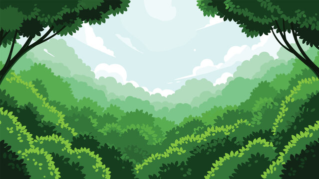 View of a dense green forest with layers of bushes and trees reaching up towards a bright sky creating a feeling of immersion in nature.