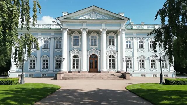 Neoclassical palace with blue facade and white columns. Grand historic building with symmetrical garden path. Architecture and heritage concept
