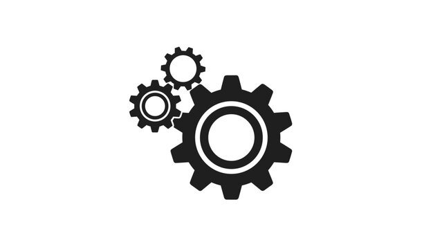 Silhouette of three interlocking gears or cogs in different sizes representing mechanical systems industry work and collaborative processes.