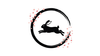 Naklejka premium Black silhouette of a leaping rabbit within a circular frame decorated with soft pink cherry blossom petals on a white background.