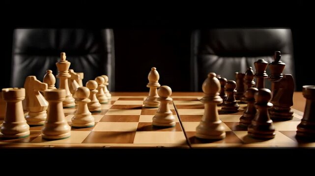 Chess Board Mid Game Empty Chairs Paused Critical Moment Dramatic Lighting Intellectual Strategy Stock Video Footage