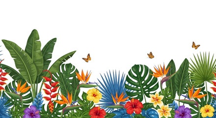 Vibrant Tropical Floral Banner with Exotic Leaves and Butterflies Illustration