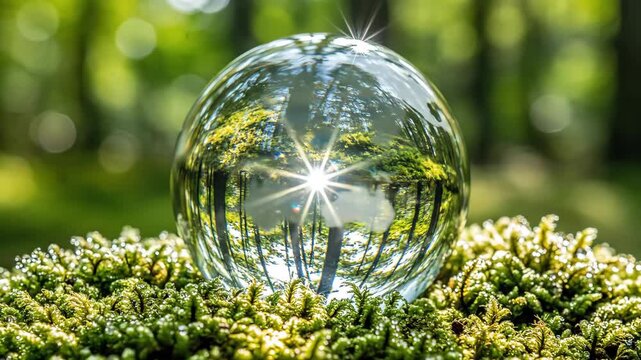 Crystal globe reflecting vibrant green forest and world map on lush natural moss surface