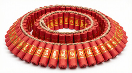 Coiled Bundle of Traditional Red Chinese Firecrackers with Gold Characters on White Background
