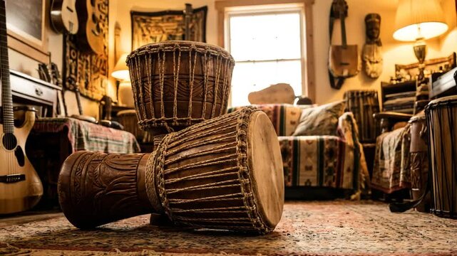 hand carved african djembe drum in cultural music room video