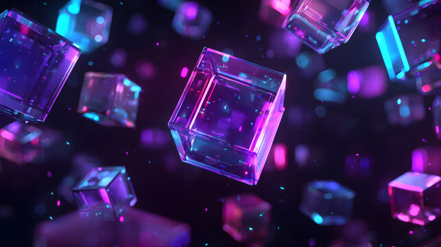Colored transparent cube suspended on a black background