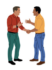 Flat vector of two men shaking hands, one light-skinned, one dark-skinned, mid-conversation, symbolizing agreement, connection, and professional interaction on transparent background.