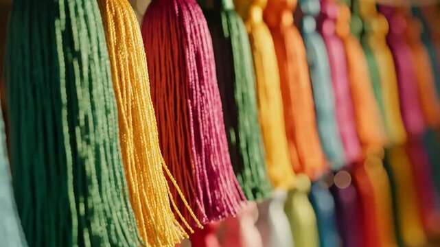 Vibrant multicolored yarn tassels hanging in a decorative row displaying rich hues and soft texture