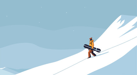 Minimal Snowboarder Walking on Mountain Ridge Illustration