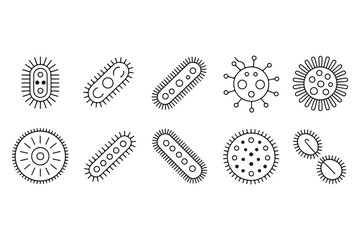 Simple line drawings of bacteria and viruses in different forms isolated on white background science icons