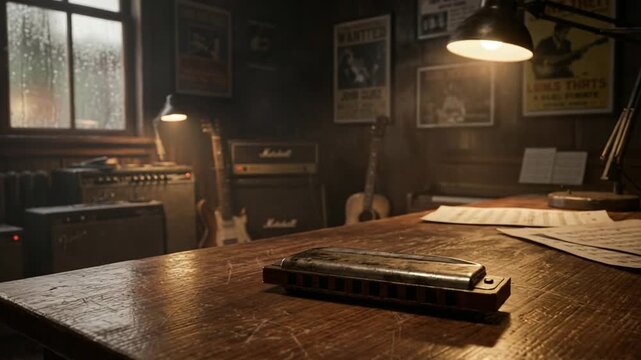 metal harmonica resting on worn wooden surface inside blues music studio video