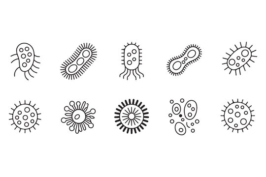 Collection of simple line art bacteria and viruses isolated on white background medical icons