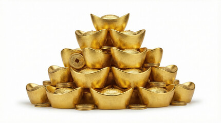Pyramid Stack of Traditional Chinese Gold Ingots with Ancient Coins on White Background