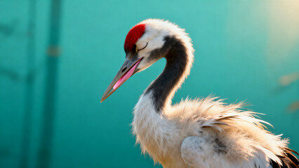 Obraz premium 青磁色のティール背景で目を閉じるタンチョウの雛、やわらかな微笑み