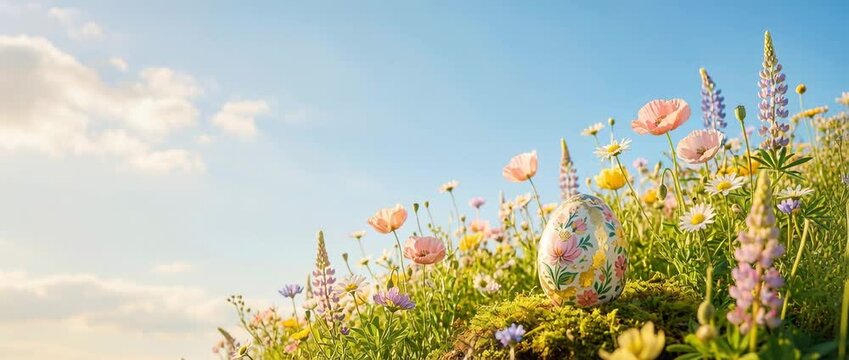 Decorated Easter egg in a field of wildflowers. Spring meadow with colorful blossoms under a blue sky. Festive holiday background
