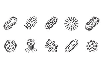 Set of minimalist line icons illustrating various bacteria and viruses on isolated white background