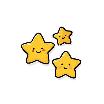 Three friendly, cartoonish yellow stars with cute smiles and white outline on black background
