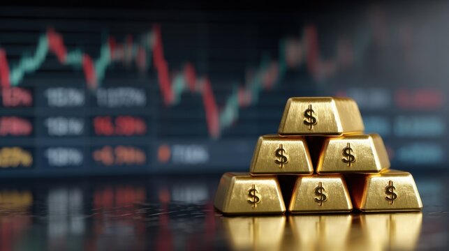Shiny gold bars arranged in a pyramid with dollar signs,
