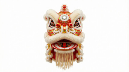 Front View of Traditional Red and Gold Chinese Lion Dance Head on White Background