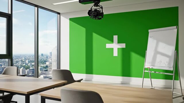 Modern conference room interior with tables chairs and green wall