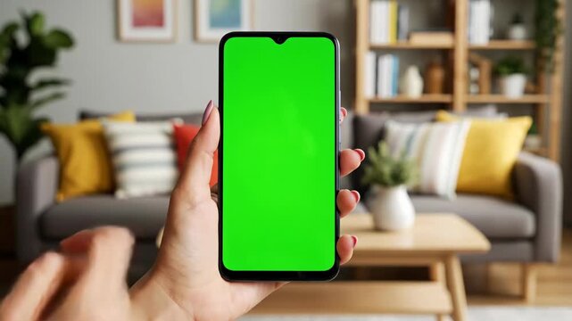 Mobile phone with green screen display held in a cozy living room