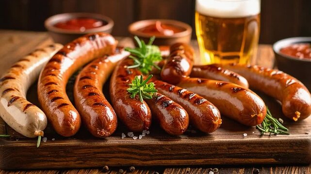 Grilled sausages served on a wooden board with beer and sauces, creating a rustic pub food and casual dining meal concept.