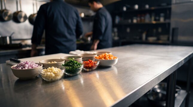 Stainless steel prep table with small bowls of chopped ingredients in professional kitchen, two chefs blurred in background and copy space