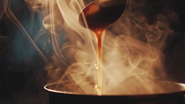 Close-up of hot liquid being poured from a spoon into a pot with steam rising.