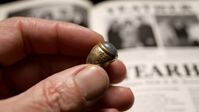 Close Up Hand Holding Aged Class Ring Turning Nostalgic Youth Memory School Emblem Soft Focus Stock Video