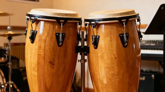 pair of conga drums positioned in latin music rehearsal room zoom out video