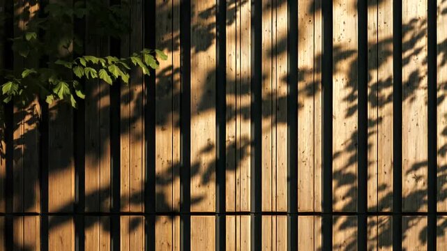 Wooden fence with shadows of leaves, creating a beautiful natural pattern.