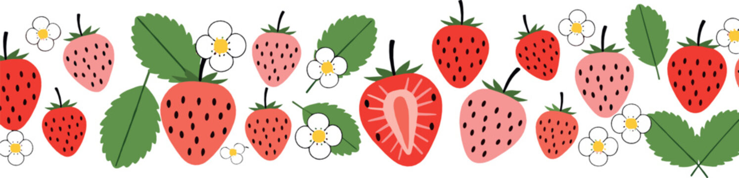 Cute strawberry seamless pattern with fresh berries leaves and flowers playful flat vector illustration for summer designs food packaging and textile backgrounds