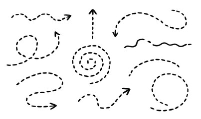 Dotted broken arrows. Doodle curves, dots, wavy lines. Directional marks for creative travel map illustrations. Hand-drawn dash arrow collection. Dotted lines, dashed curves, circular swirls  © shatabdi