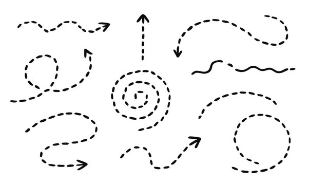 Dotted broken arrows. Doodle curves, dots, wavy lines. Directional marks for creative travel map illustrations. Hand-drawn dash arrow collection. Dotted lines, dashed curves, circular swirls 