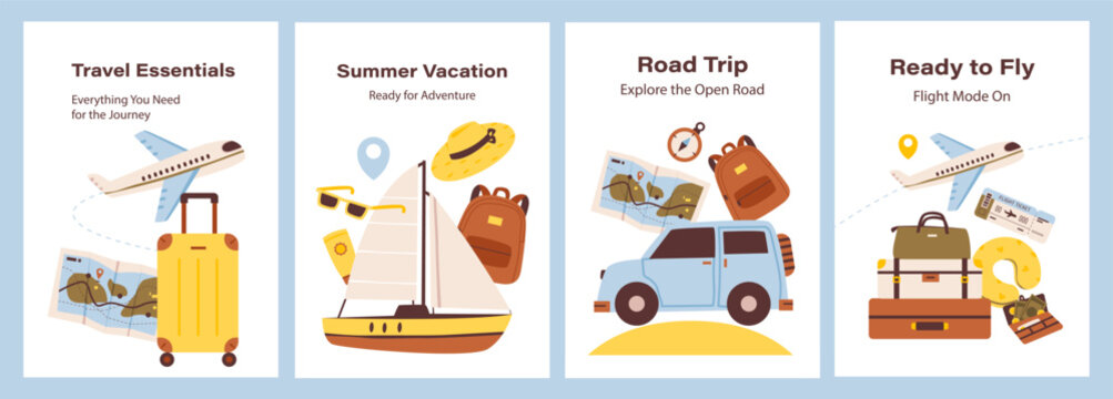 Collection of travel themed Poster Set featuring airplane, suitcase, sailboat, road trip car, and luggage for vacation and adventure concepts.