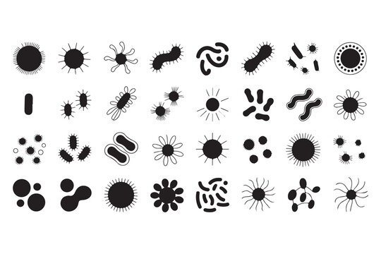 Collection of various black microbe icons on white background microbiology science vector illustrations