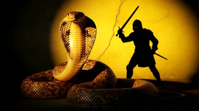Warrior Fights Giant Cobra Snake in Dramatic Confrontation.