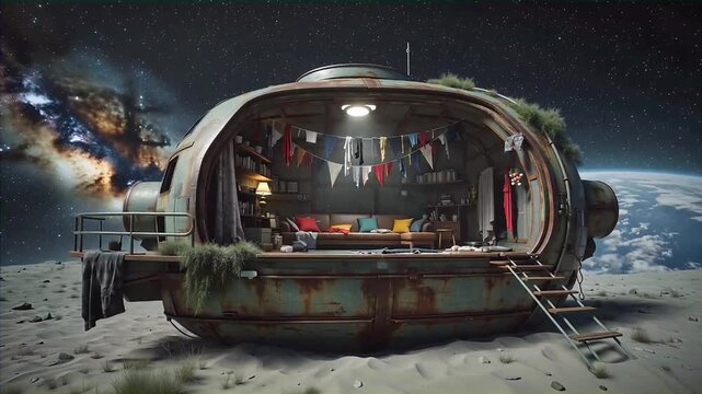 Exploring a futuristic home on the moon with a view of Earth and stars in the background