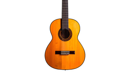 Obraz premium A classical wooden guitar, front view, isolated against a solid black background