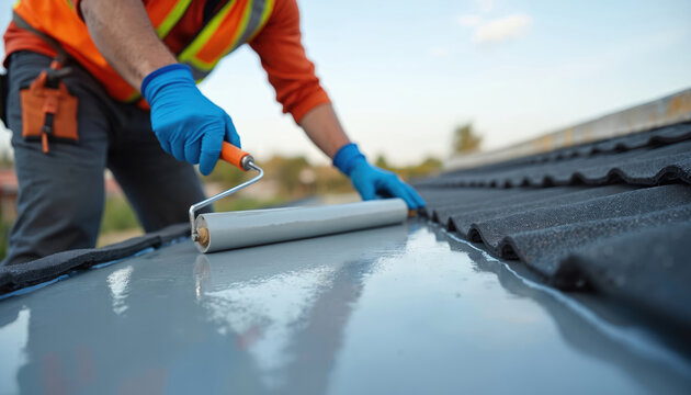 Worker in hi-vis vest, blue gloves applies grey protective coating onto dark roof tiles with paint roller. Construction worker performs exterior building maintenance under bright daylight sky, clouds.