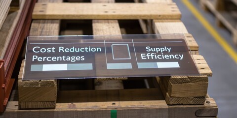 supply warehousing cos. Wooden pallet with a metal sign showing cost reduction percentages and supply efficiency charts in an industrial warehouse.